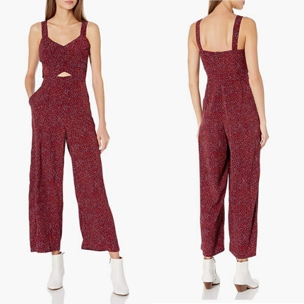 J.O.A At‎ The Heart of it All Pleated Top Wide Leg Wine Spotted Jumpsuit Sm